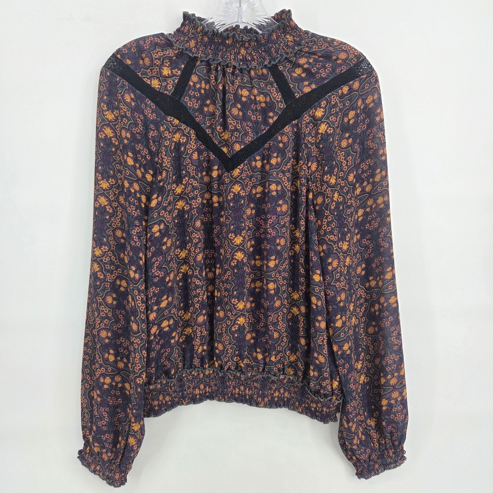 Sun & Shadow Blouse M Purple Floral Smocked Boho Art-Inspired Eclectic Victorian